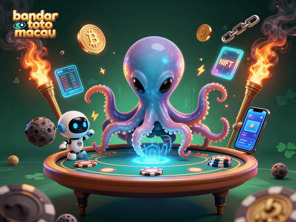 Play at bandar toto macau with alien octopus managing a holographic poker table in a vibrant 3D scene.