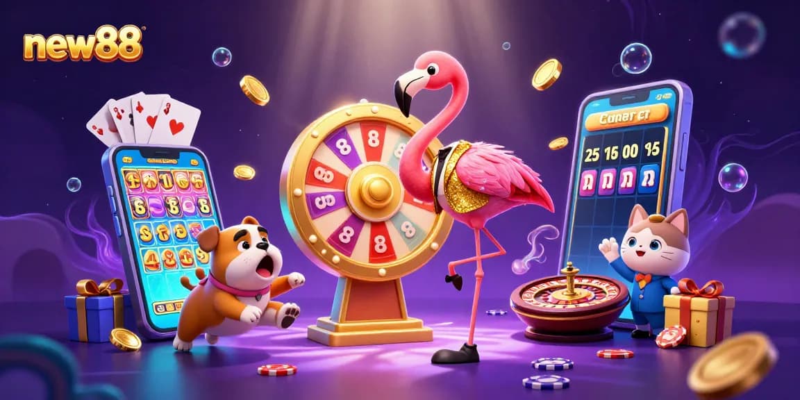 Spin to win with new88's exciting prize wheel featured in vibrant casino illustration.