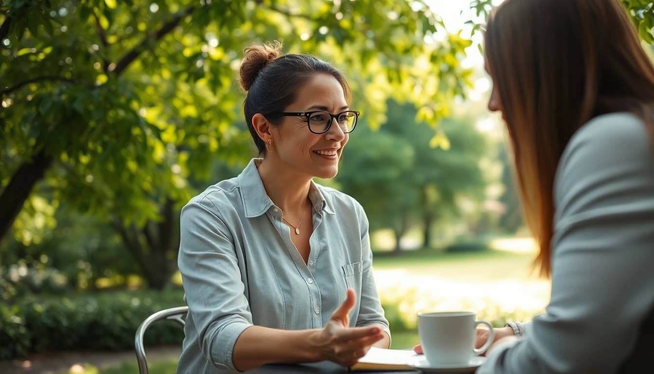Engaging life coaching session outdoors, highlighting connection and inspiration.
