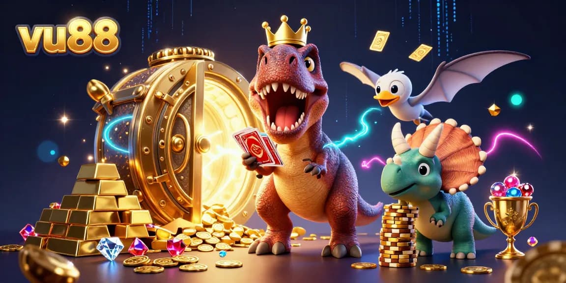 Join the fun at vu88 with a T-Rex shuffling cards and a pterodactyl holding them amidst gold treasures.