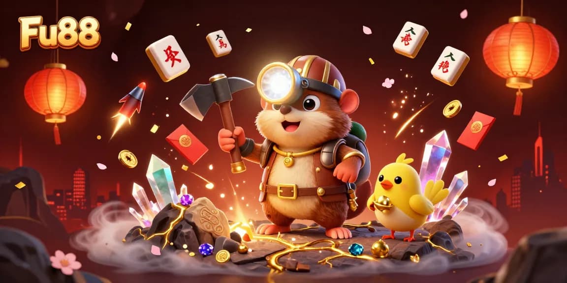 Fu88 players enjoy thrilling gaming with a 3D mole and canary in a treasure-filled cave.