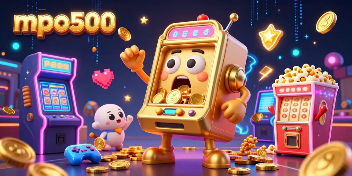 MPO500 slot machine in dynamic scene celebrating jackpot, surrounded by cheering baby slots and arcade elements.