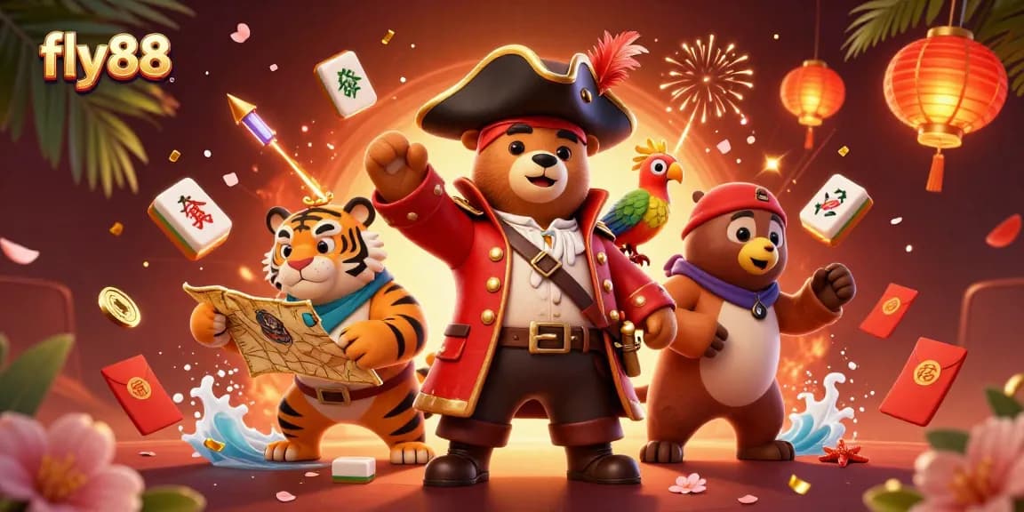 Join the excitement of fly88 with an engaging 3D pirate scene surrounded by treasures in a vibrant casino atmosphere.