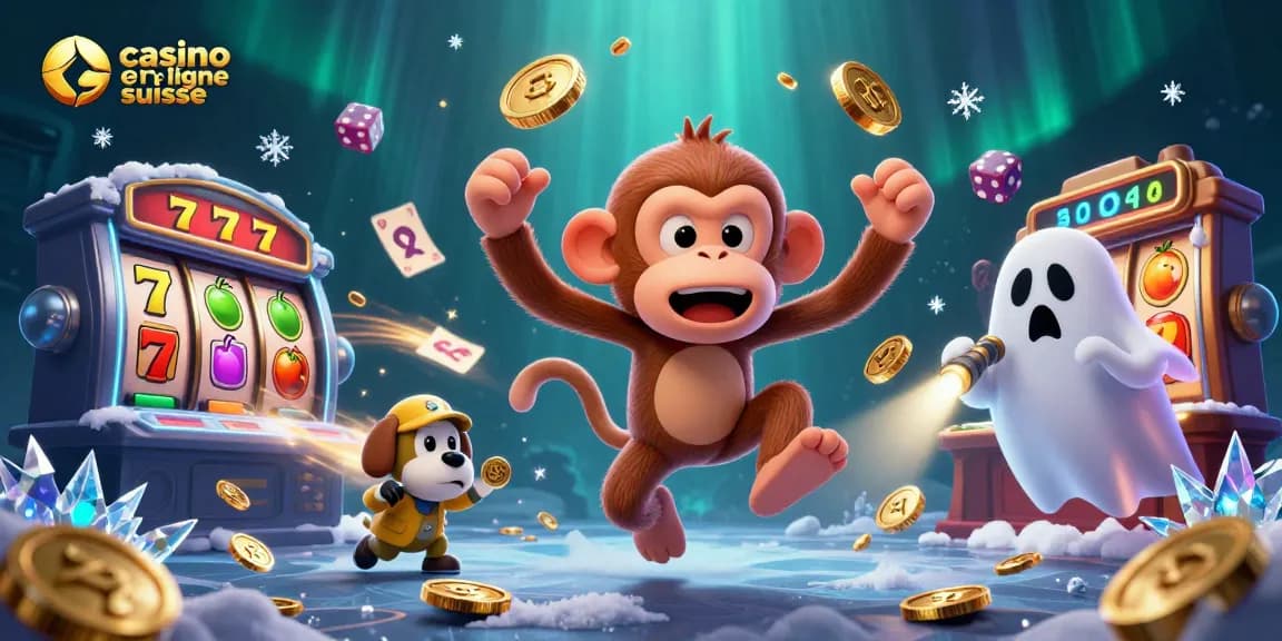 Vibrante illustration 3D d'un casino en ligne suisse, avec des personnages enjoués et des éléments de jeu éblouissants.