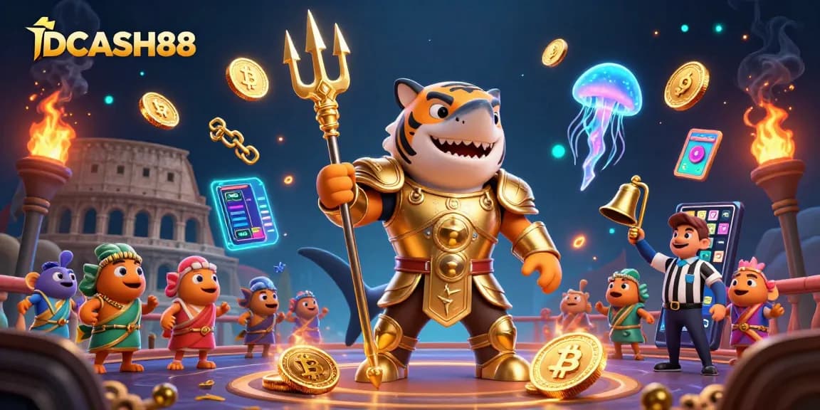 Play exciting games at IDCASH88 with thrilling visuals of slot reels and crypto elements.