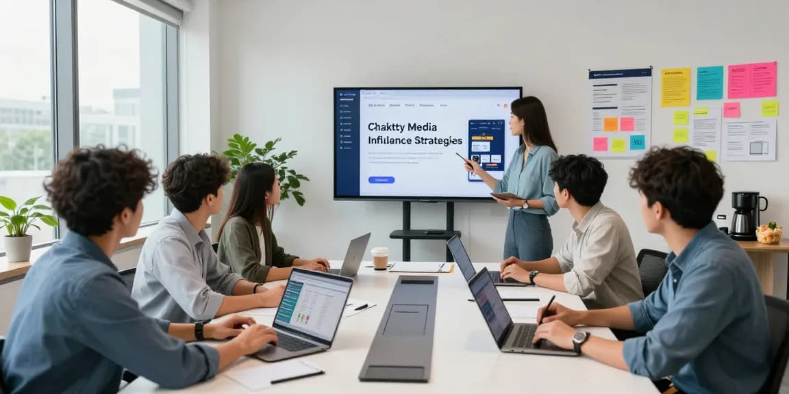 Engaged team of professionals discussing Chaktty Media strategies in a modern office.