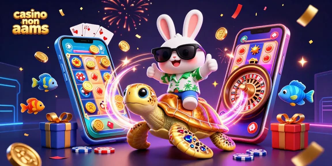 Gioca nei casino non AAMS con un giovane coniglietto fortunato su una tartaruga dorata durante una festa di gioco.