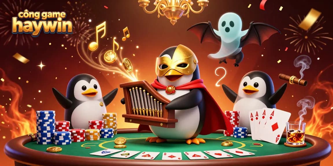 cổng game haywin showcases a vibrant casino scene with a penguin playing an organ, shooting gold coins.