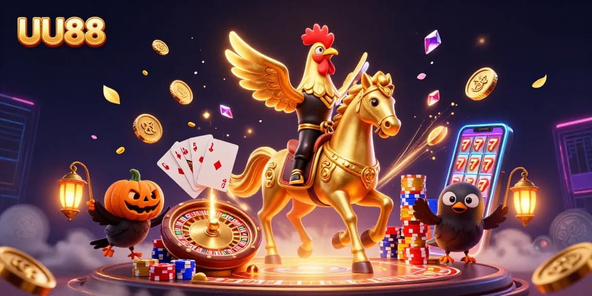 Experience UU88 casino excitement with a golden rooster riding a spectral horse amidst cascading treasures.