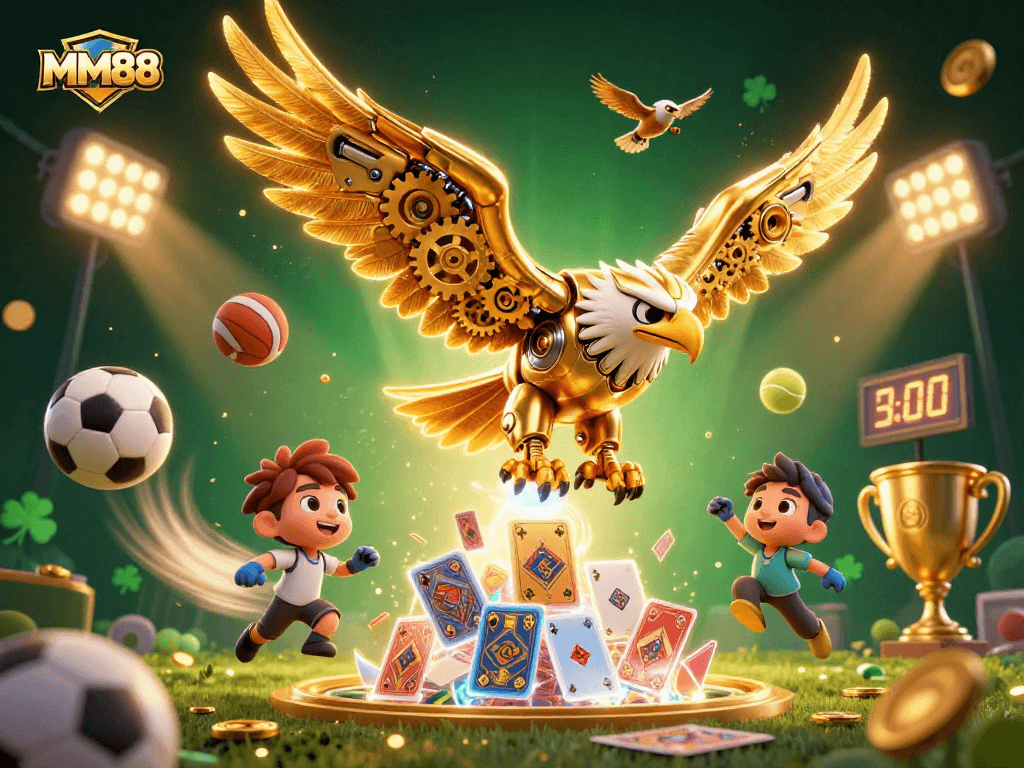 Experience thrilling MM88 gameplay with a golden eagle diving through holographic cards and dynamic sports elements.