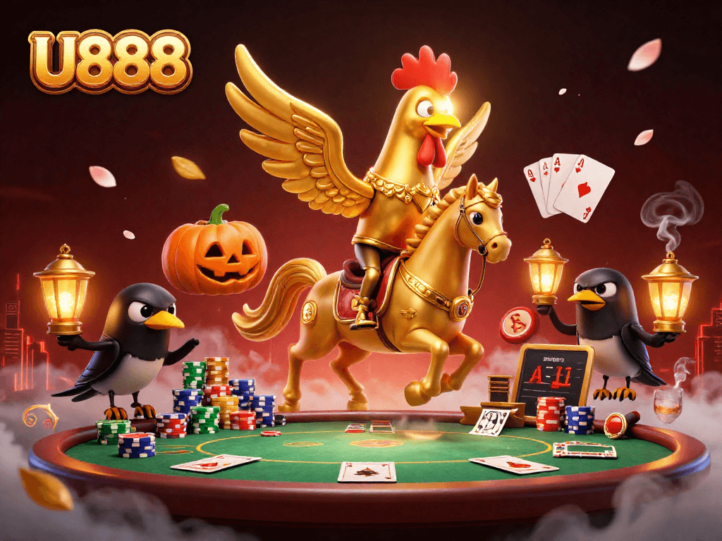 Experience U888's thrilling casino ambiance with a golden rooster and spectral horse in action.