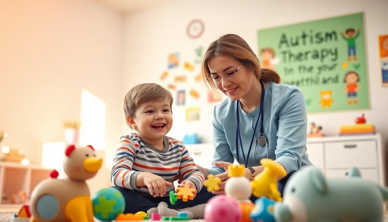 Engaging Autism Therapy session with a therapist and child in a colorful, nurturing environment.