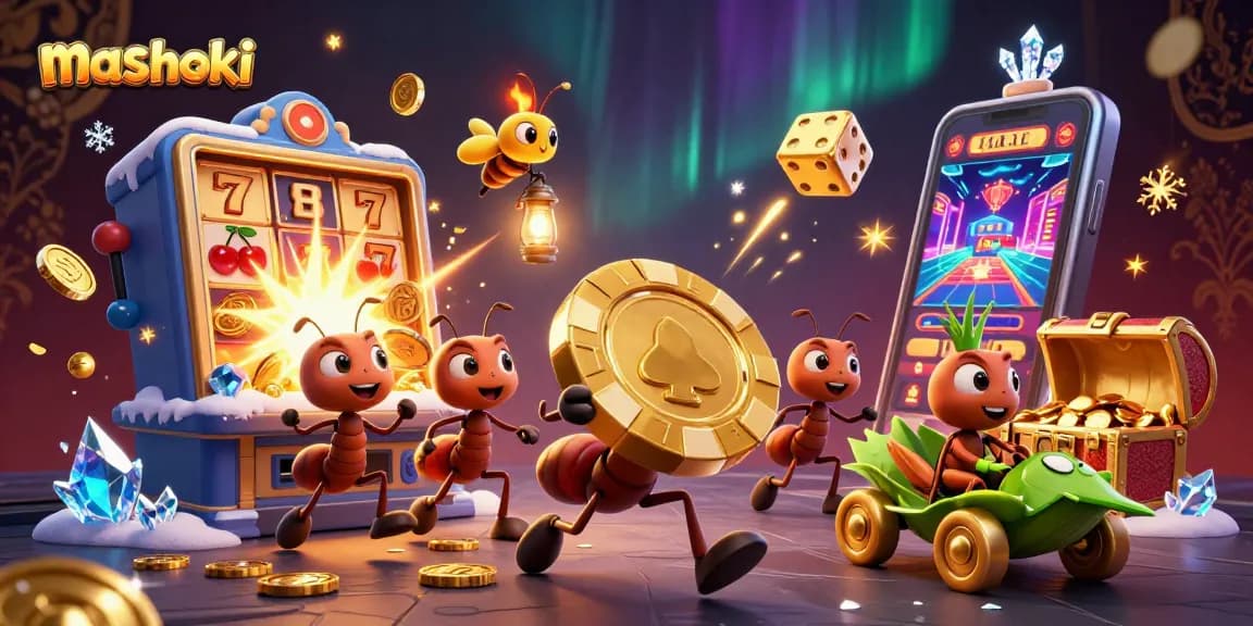 Experience the thrill of mashoki with ants carrying a giant poker chip amidst vibrant casino elements.