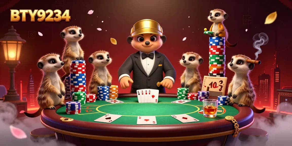 BTY9234 showcases meerkats in a bustling casino scene with vibrant poker tables and colorful chips.