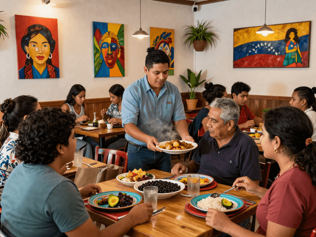 Enjoying the best pabellón criollo near me in a vibrant restaurant setting with friendly staff and lively diners.