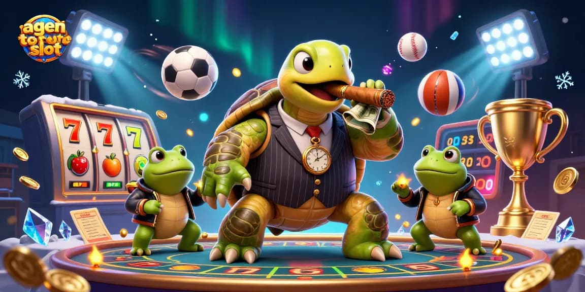 Engage with agen toto slot featuring a dynamic 3D scene of a turtle mobster and bullfrog enforcers.