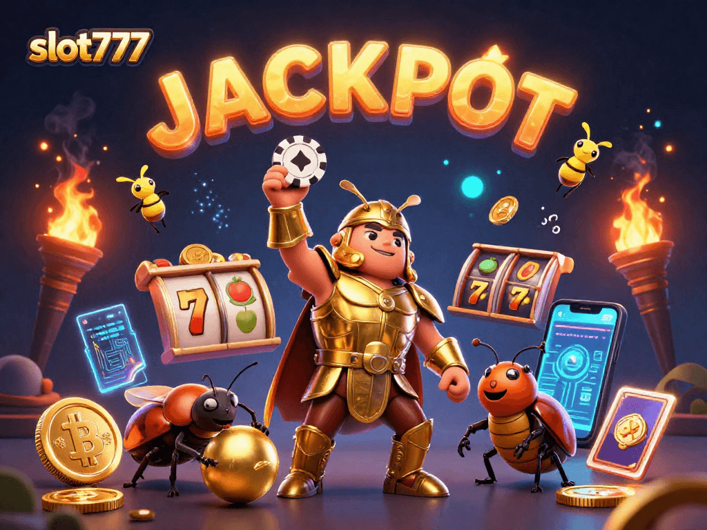 Engage with slot777 in a colorful scene featuring a victorious beetle and glowing crypto elements.