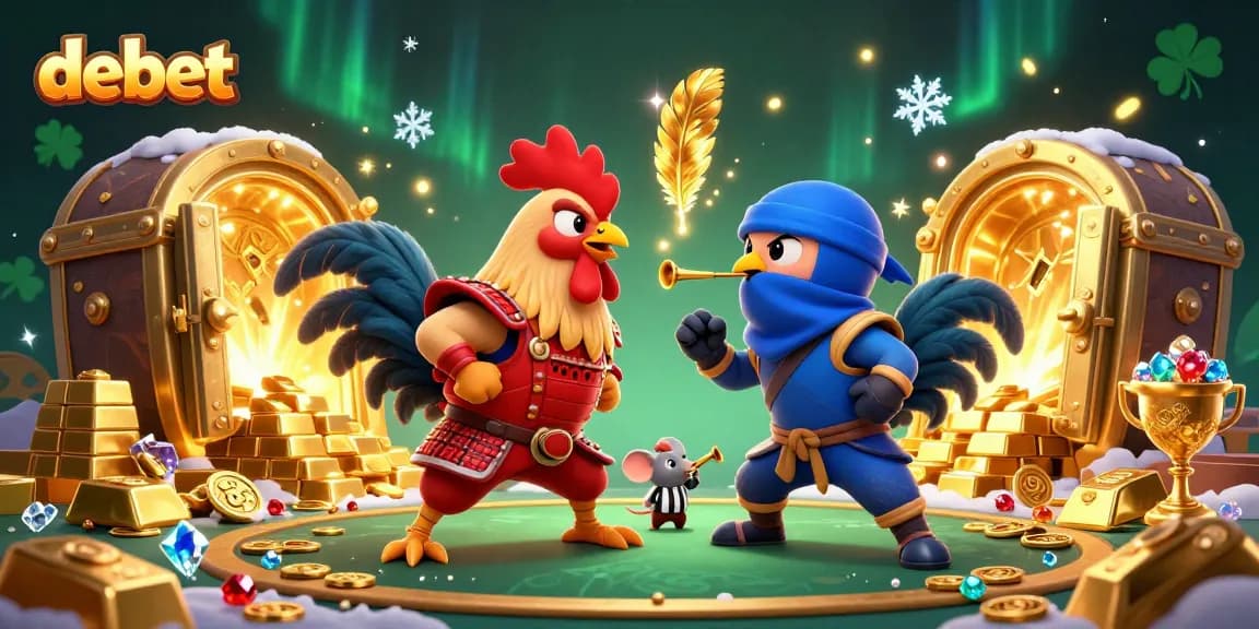 Engage in thrilling cockfighting action with debet's fighting roosters, surrounded by riches.