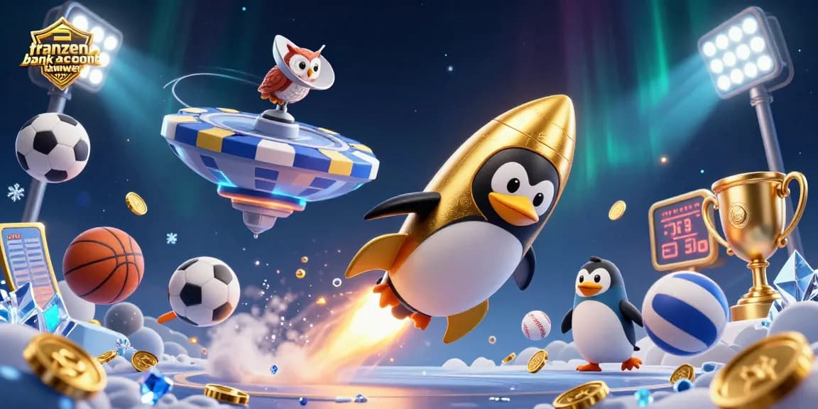 Engaging 3D scene of a frozen bank account lawyer animated penguin and space casino elements, showcasing excitement.