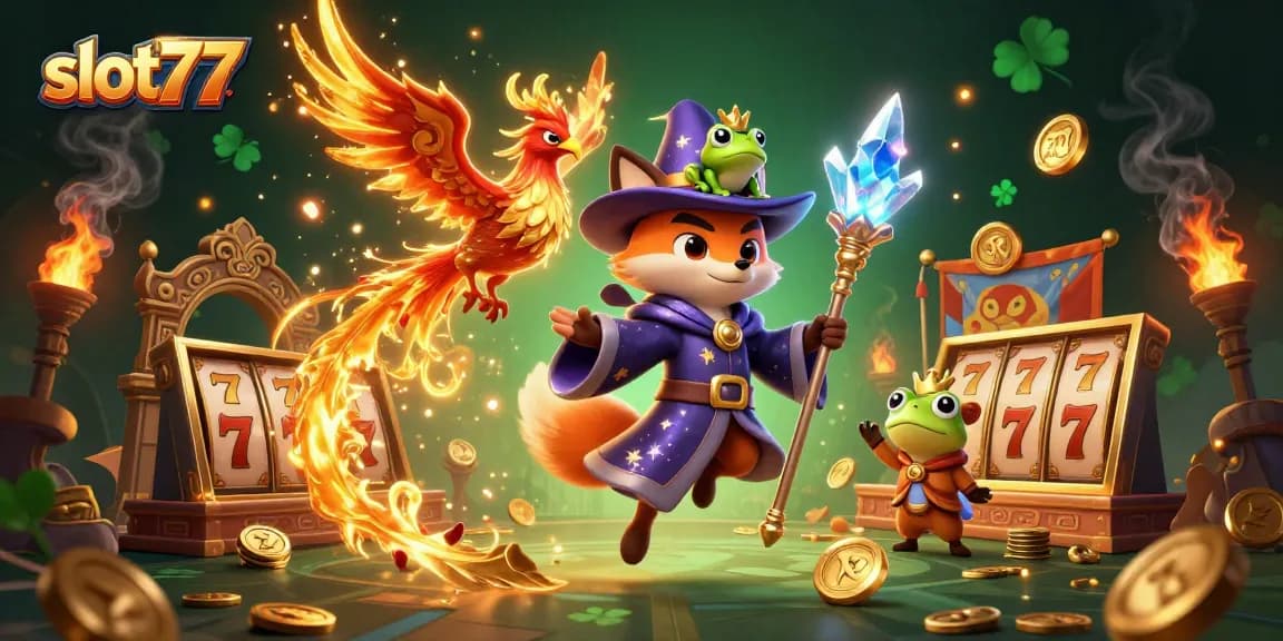 Slot77 menampilkan ilustrasi 3D dengan karakter berkualitas tinggi, gulungan slot, dan efek api yang menarik.