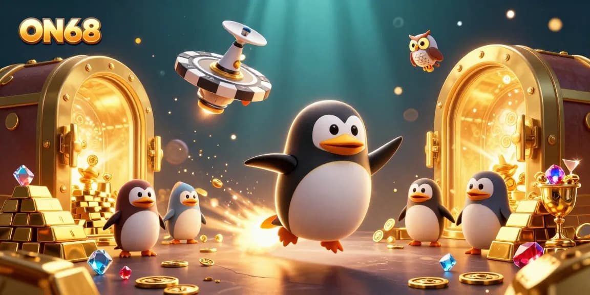 Catch the excitement of ON68 as a golden penguin soars towards a casino, surrounded by treasures.