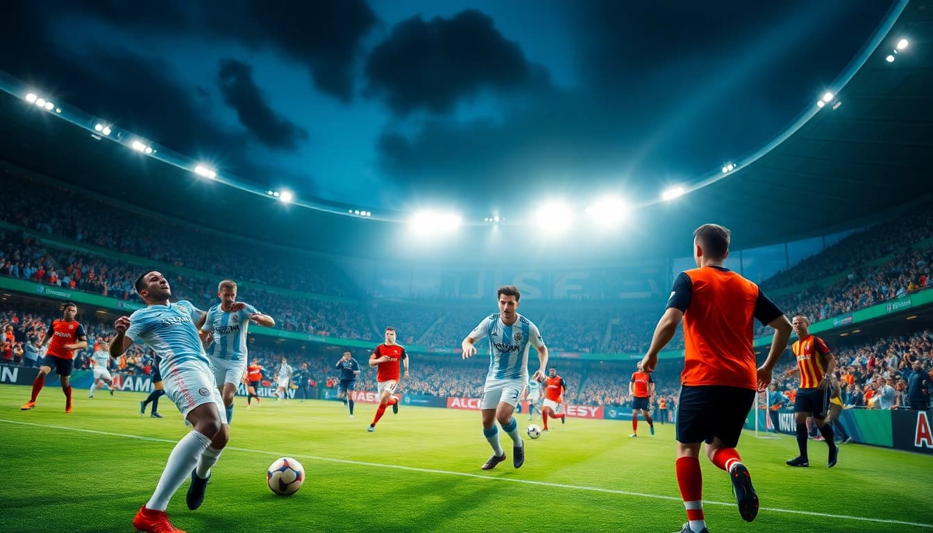 Jadwal bola pertandingan sepak bola dengan pemain yang beraksi di lapangan.