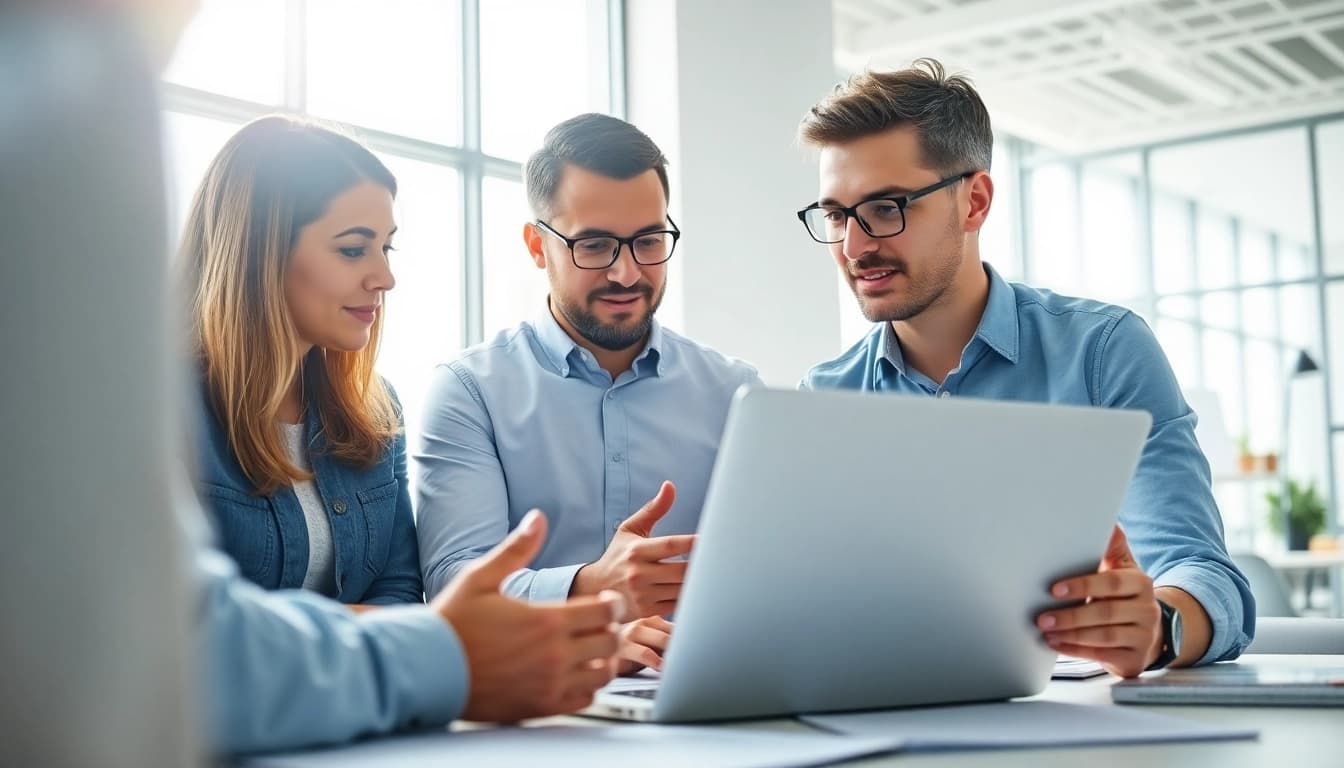 Hire Shopify developer consults clients in an engaging office setting, showcasing e-commerce solutions.