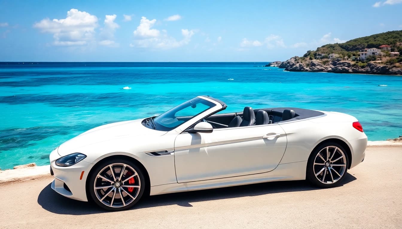Experience the thrill of convertible car rental st barts with a sleek vehicle against a tropical backdrop.