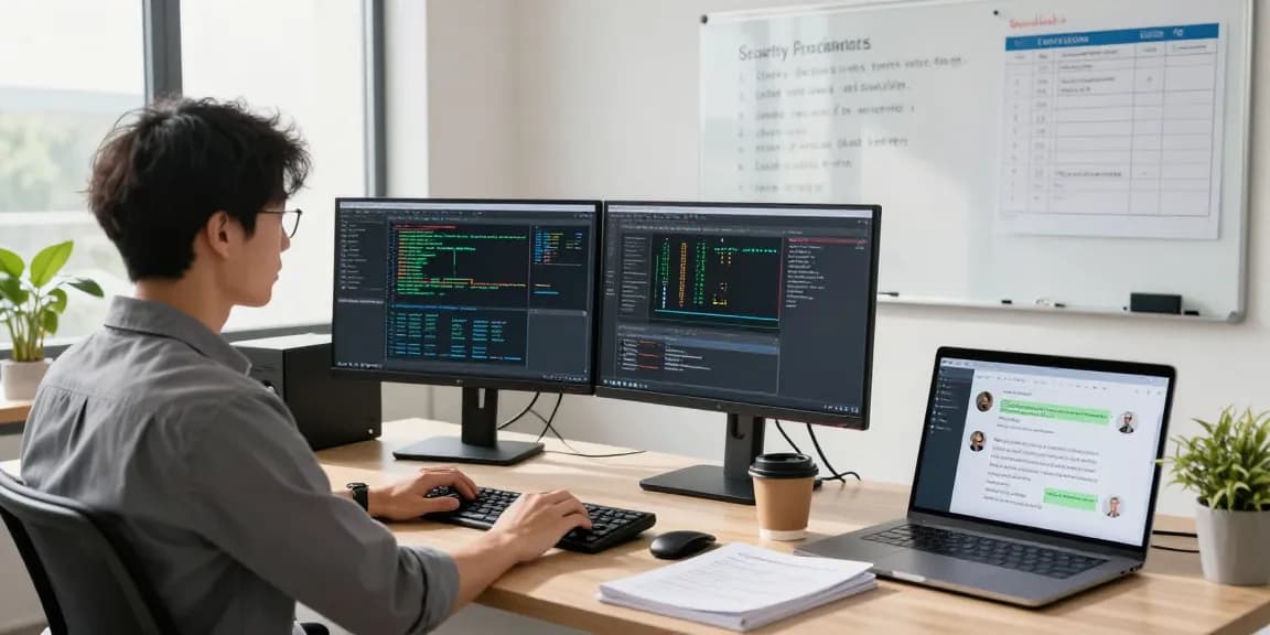 Conducting a Linux server security audit at a modern workspace with multiple monitors and technical manuals.