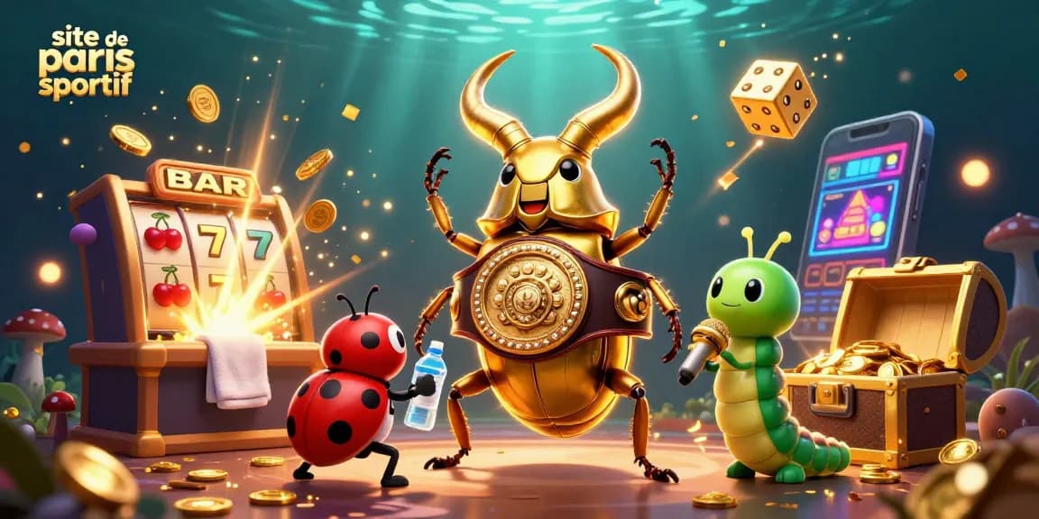 Pariez sur le site de paris sportif avec une scène animée de personnages 3D colorés et de machines à sous.