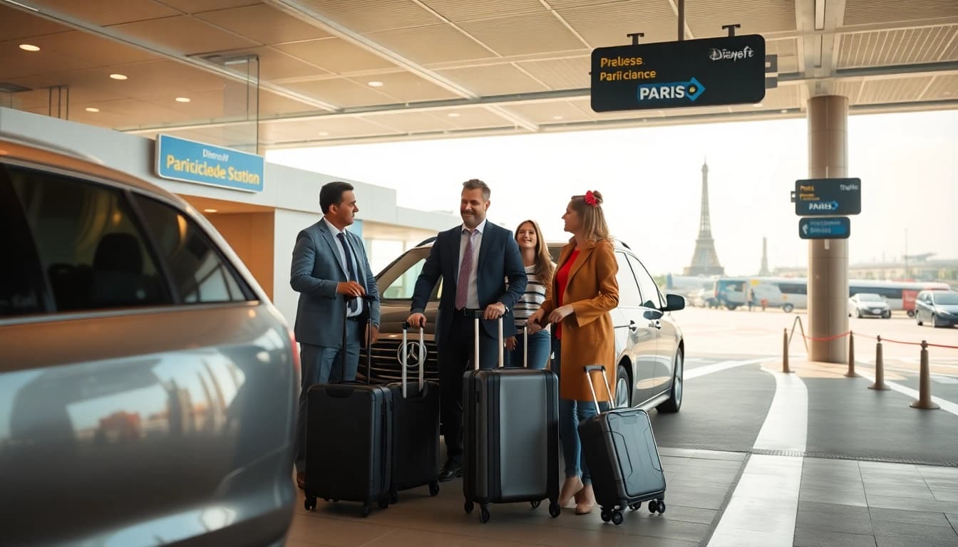 Family enjoying a seamless disney paris airport transfer with friendly driver at the terminal.