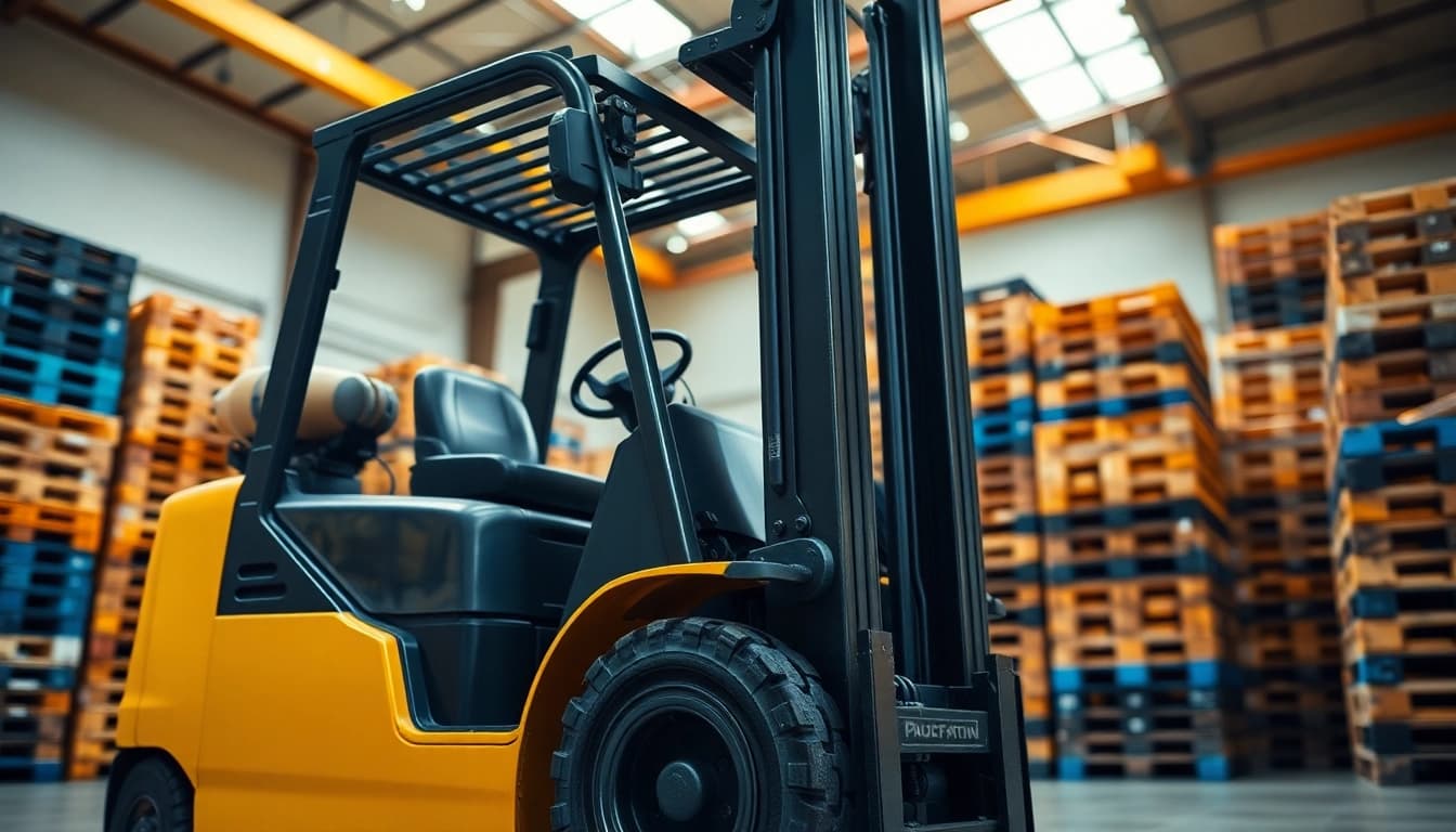 Forklift lifting pallets in a bright warehouse environment showcasing efficiency and strength.