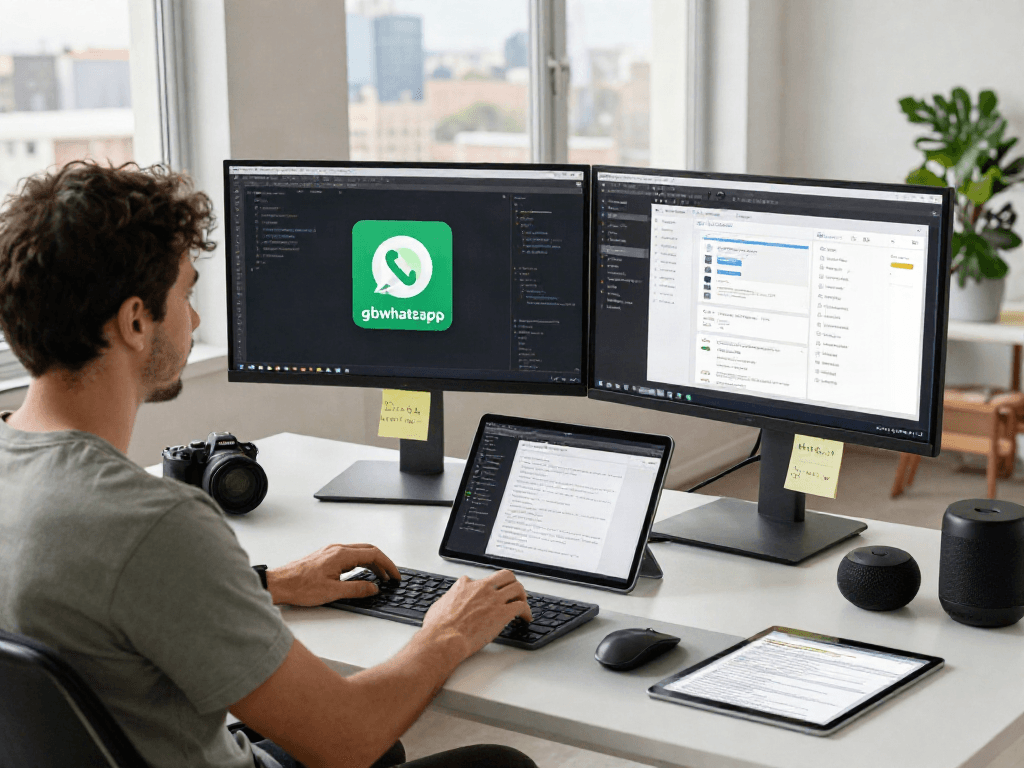 Developer coding gbwhatsapp app in a modern workspace, showcasing productivity tools and urban skyline.