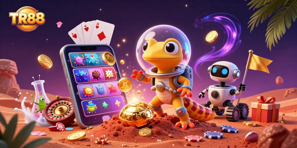 TR88 showcases a Martian gecko discovering a golden casino with vibrant gaming elements.