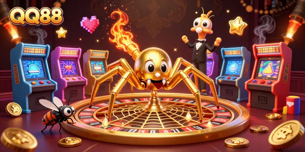 Bet on QQ88 with thrilling casino visuals featuring a golden spider and roulette web.