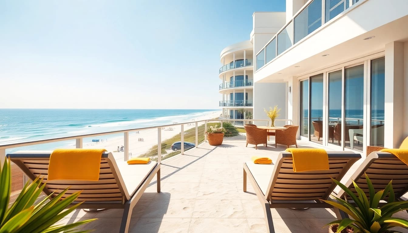 Pensacola Beach condos for sale featuring modern design and ocean-view balconies.