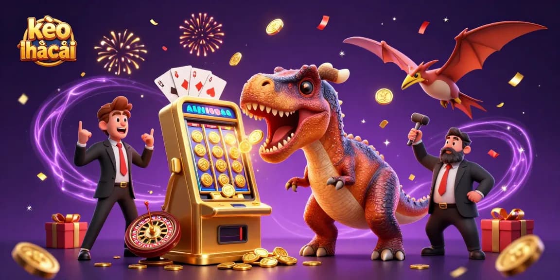 Catch the excitement of kèo nhà cái with a dinosaur celebrating jackpot wins in a vibrant casino scene.