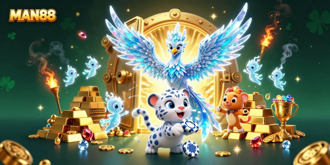 Engage with MAN88's vibrant casino atmosphere featuring an ice phoenix, treasures, and gambling elements.
