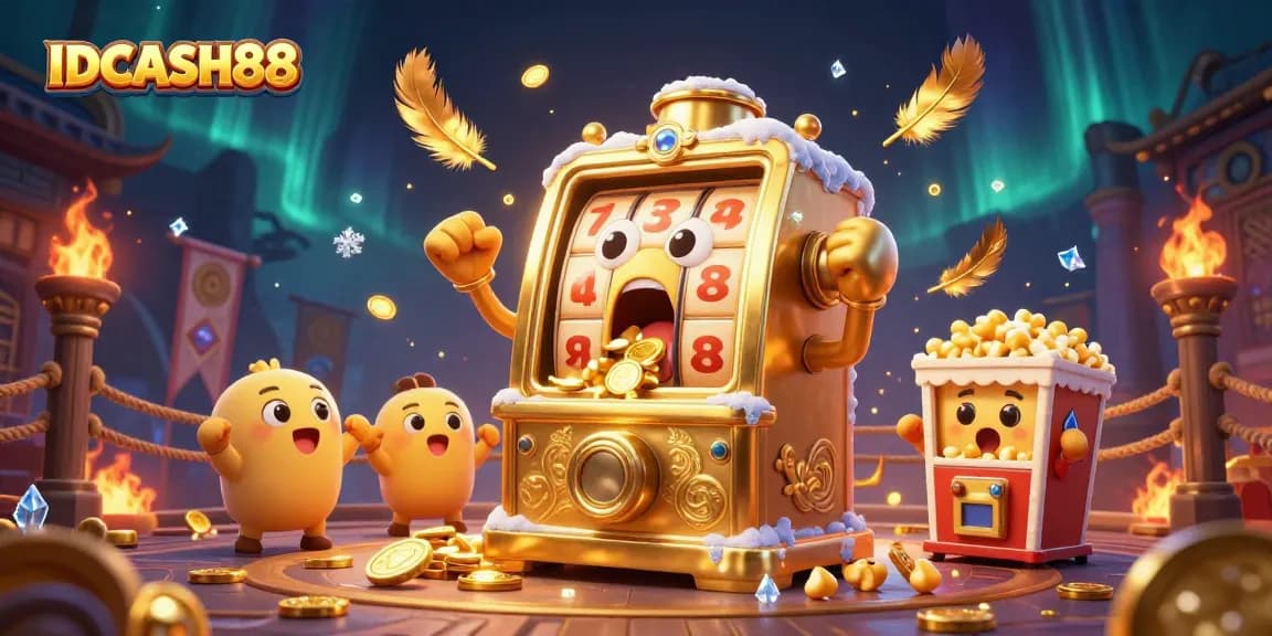 Spin the reels with IDCASH88's golden slot machine hitting a jackpot surrounded by excitement.