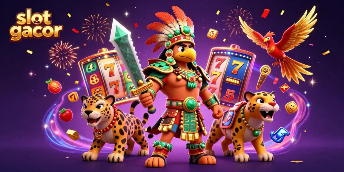 Experience the thrill of slot gacor with engaging Aztec warriors surrounded by dynamic winning elements.
