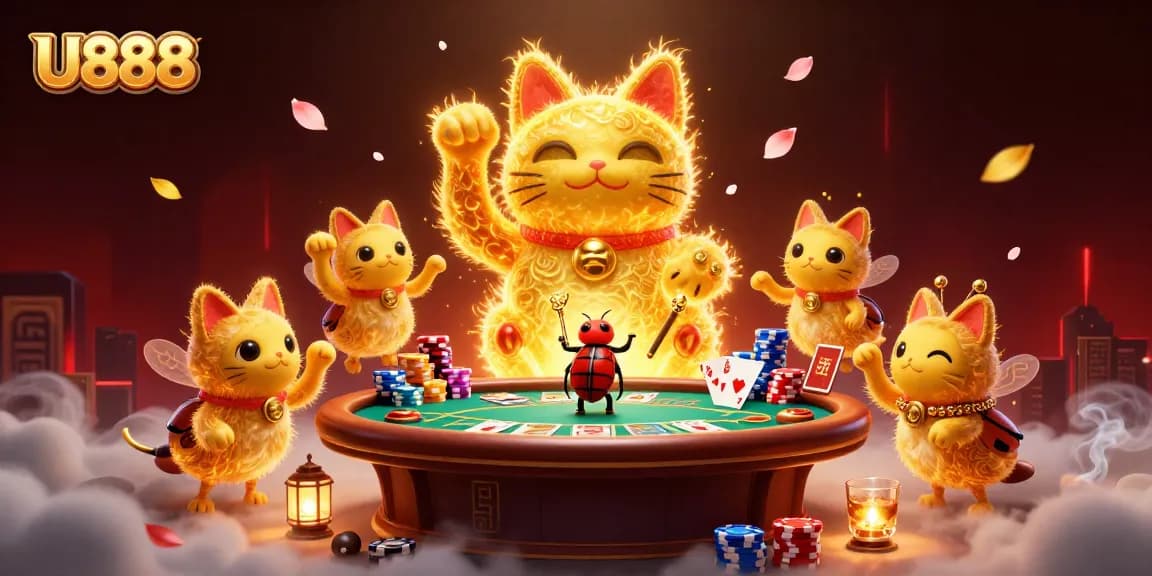 Engage with U888's vibrant casino experience featuring a giant lucky cat and dynamic poker elements.