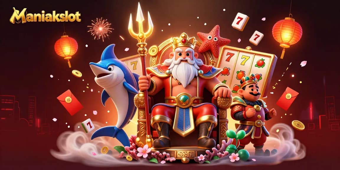 Engage with Maniakslot in this vibrant 3D illustration of Neptune surrounded by dynamic slot game elements.