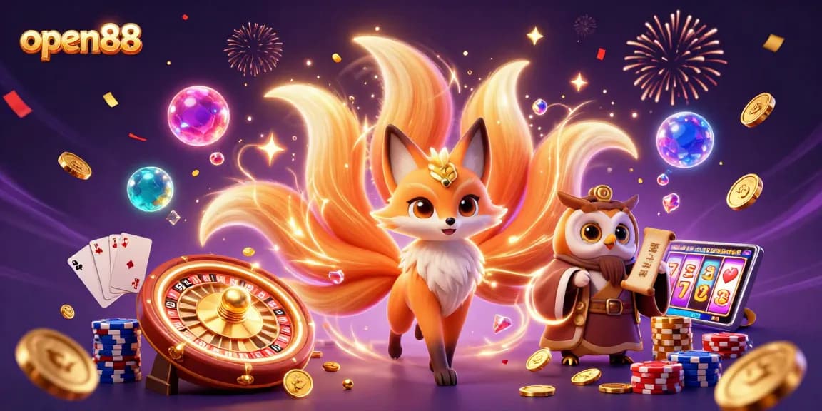 Experience thrilling action with open88 as a nine-tailed fox and wise owl create a captivating casino scene.