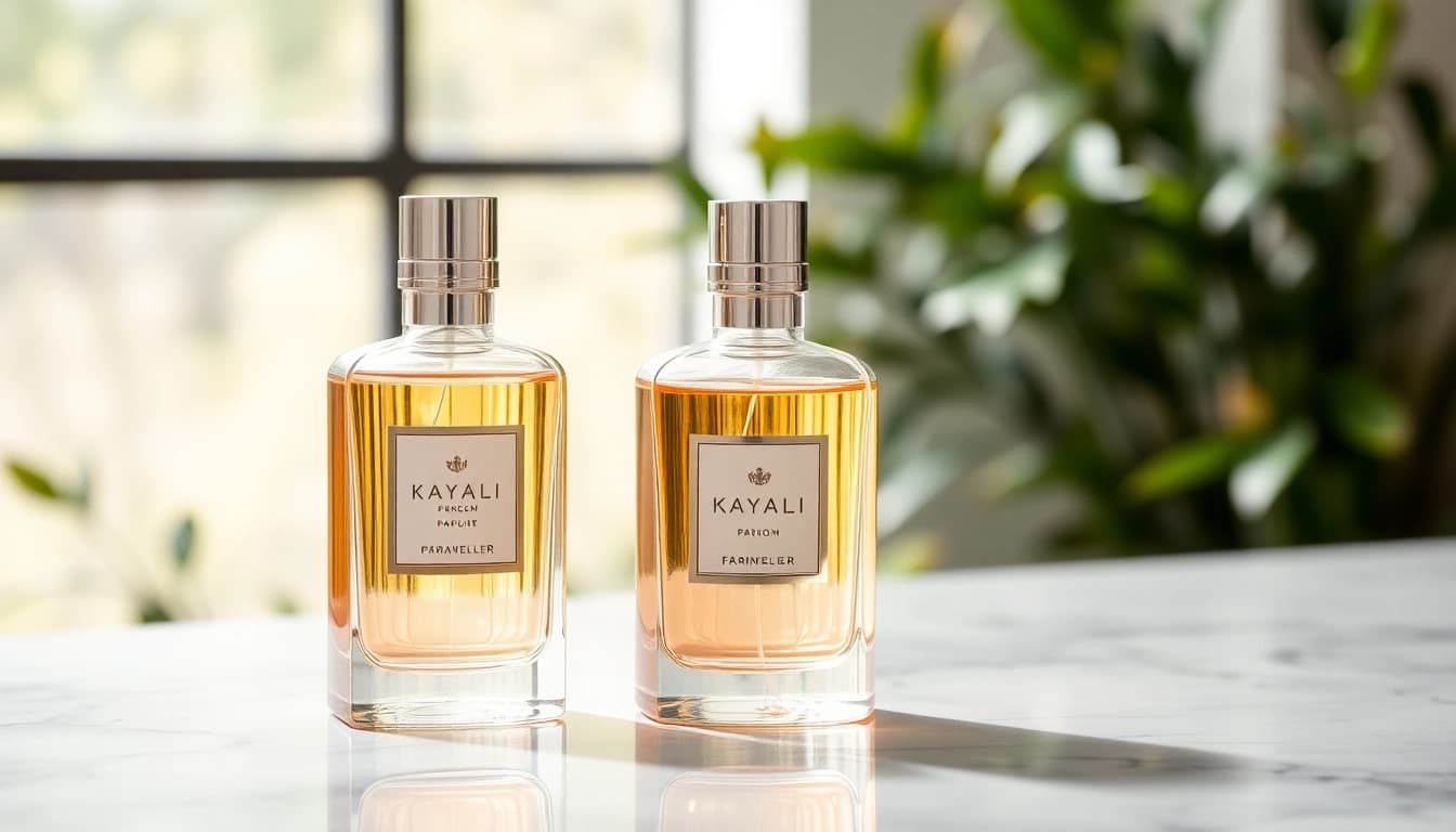 Showcase the kayali duo set with elegant perfume bottles on a luxurious marble surface.