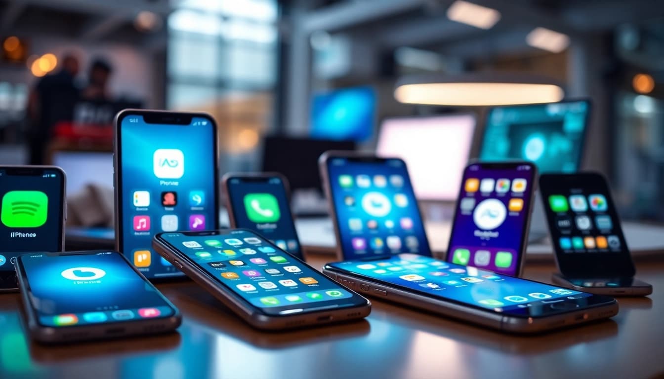 Showcase of engaging iphone apps on multiple screens in a modern tech setting.