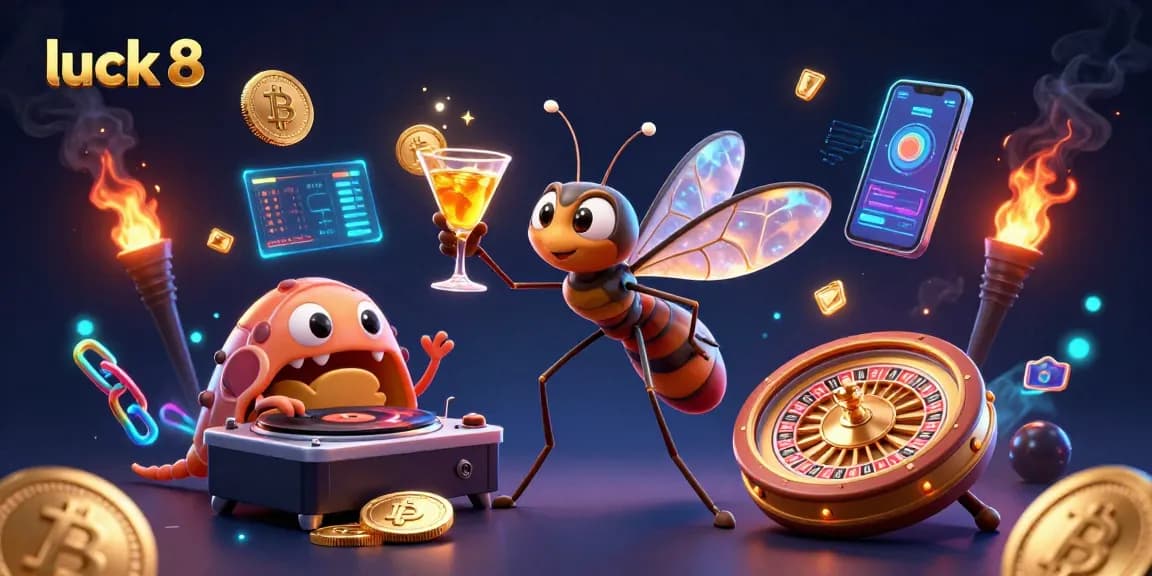 Win big with luck 8 at this vibrant casino scene featuring Bitcoin and a golden roulette wheel.