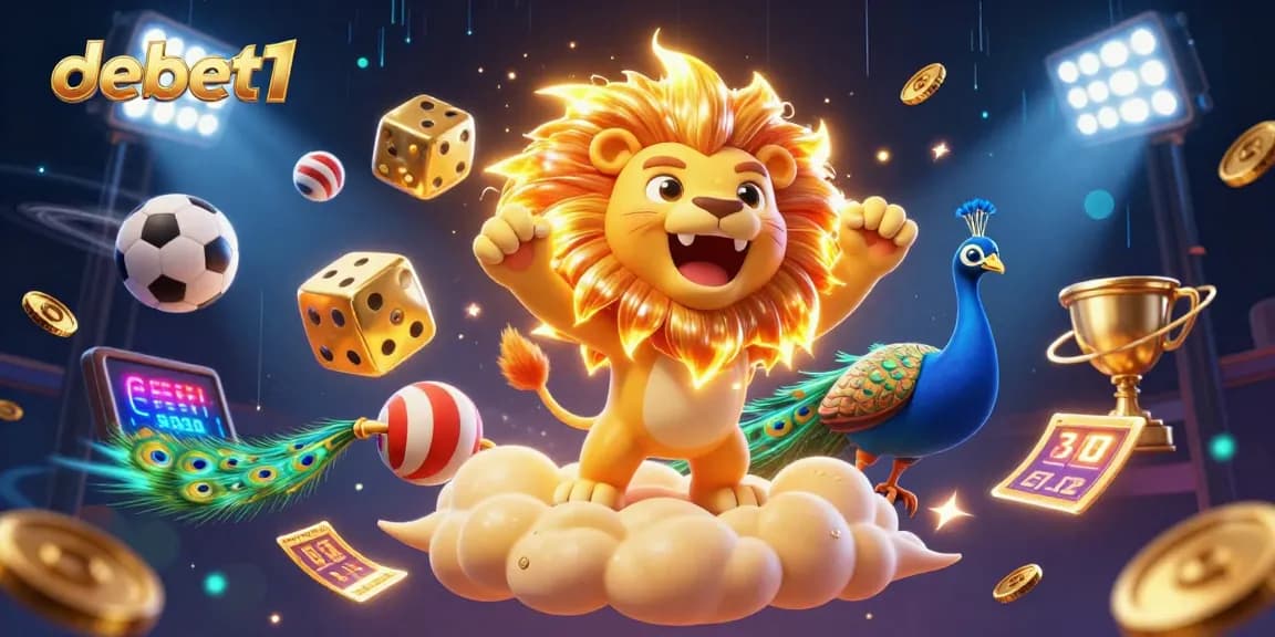 Experience thrilling sports action with debet1's dynamic 3D casino illustration featuring golden dice and a roaring sun lion.