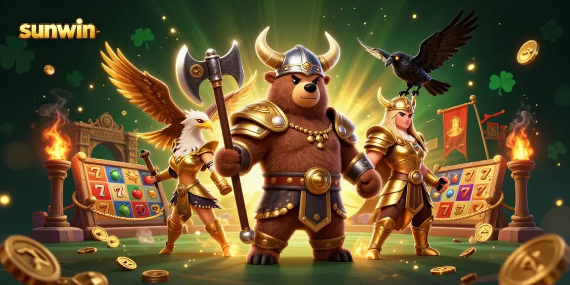 Engage with sunwin's vibrant slots experience featuring a Viking bear, Valkyrie eagle, and thrilling gaming elements.