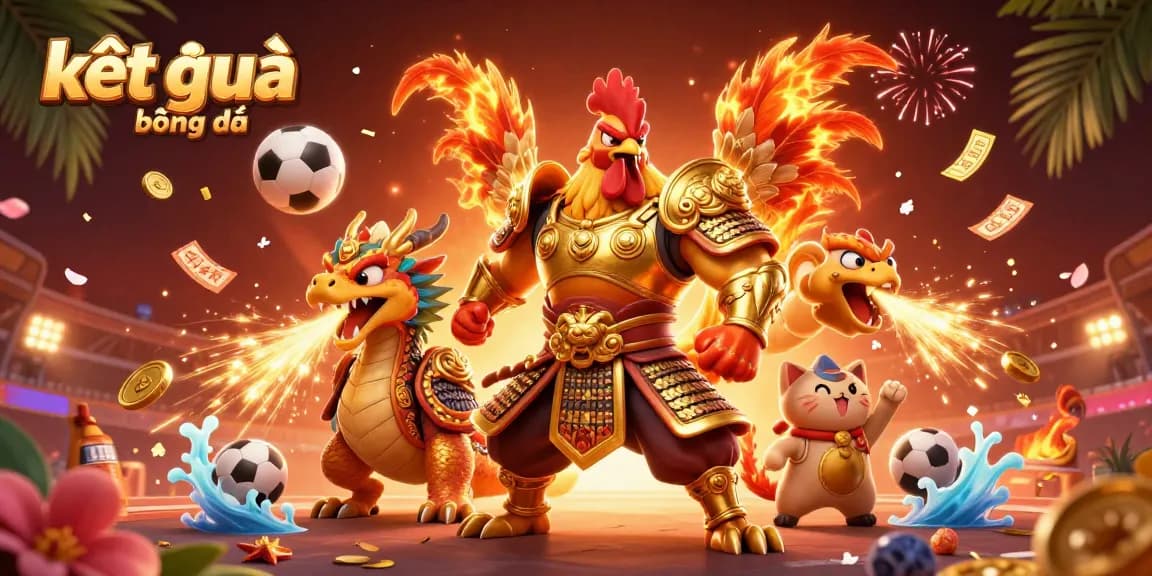 Engage with kết quả bóng đá statistics amid a vibrant sports betting scene featuring a colorful rooster warrior and dragon hatchling.