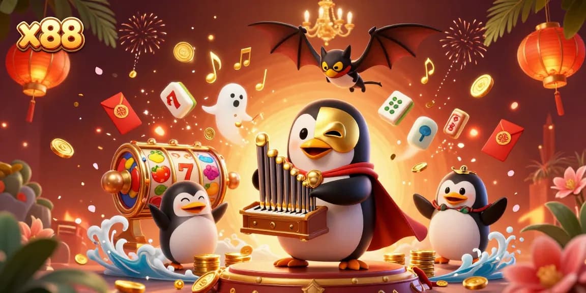 x88 slot machine themed illustration featuring a penguin organist with golden coins